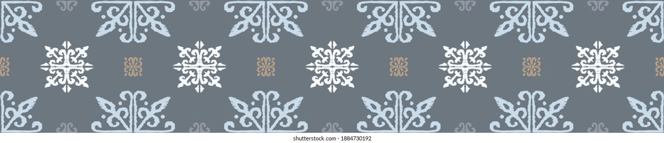 Christmas drawing with snowflakes. The Nordic style. Folk print with flakes. Scandinavian, Portuguese ornament. Spanish porcelain. Oriental damask. Ethnic motif. Ikat geometric folklore background. 