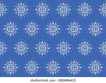 Christmas drawing with snowflakes. The Nordic style. Folk print with flakes. Scandinavian, Portuguese ornament. Spanish porcelain. Oriental damask. Ethnic motif. Ikat geometric folklore background. 