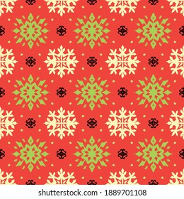 Christmas drawing with snowflakes. The Nordic style. Folk print with flakes. Scandinavian, Portuguese ornament. Spanish porcelain. Oriental damask. Ethnic motif. Ikat geometric folklore background. 