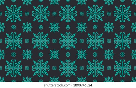 Christmas drawing with snowflakes. The Nordic style. Folk print with flakes. Scandinavian, Portuguese ornament. Spanish porcelain. Oriental damask. Ethnic motif. Ikat geometric folklore background. 