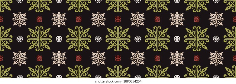 Christmas drawing with snowflakes. The Nordic style. Folk print with flakes. Scandinavian, Portuguese ornament. Spanish porcelain. Oriental damask. Ethnic motif. Ikat geometric folklore background. 