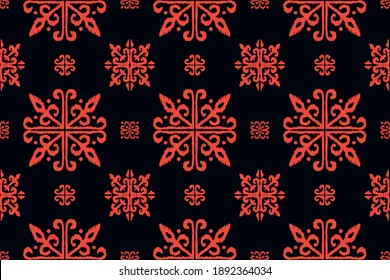 Christmas drawing with snowflakes. The Nordic style. Folk print with flakes. Scandinavian, Portuguese ornament. Spanish porcelain. Oriental damask. Ethnic motif. Ikat geometric folklore background. 