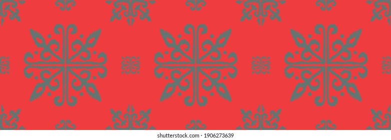 Christmas drawing with snowflakes. The Nordic style. Folk print with flakes. Scandinavian, Portuguese ornament. Spanish porcelain. Oriental damask. Ethnic motif. Ikat geometric folklore background. 