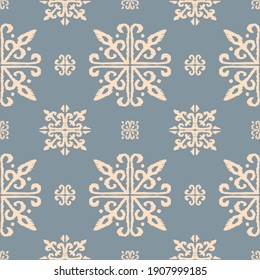 Christmas drawing with snowflakes. The Nordic style. Folk print with flakes. Scandinavian, Portuguese ornament. Spanish porcelain. Oriental damask. Ethnic motif. Ikat geometric folklore background. 