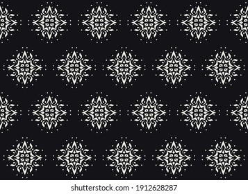 Christmas drawing with snowflakes. The Nordic style. Folk print with flakes. Scandinavian, Portuguese ornament. Spanish porcelain. Oriental damask. Ethnic motif. Ikat geometric folklore background. 