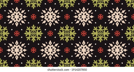 Christmas drawing with snowflakes. The Nordic style. Folk print with flakes. Scandinavian, Portuguese ornament. Spanish porcelain. Oriental damask. Ethnic motif. Ikat geometric folklore background. 