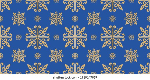 Christmas drawing with snowflakes. The Nordic style. Folk print with flakes. Scandinavian, Portuguese ornament. Spanish porcelain. Oriental damask. Ethnic motif. Ikat geometric folklore background. 