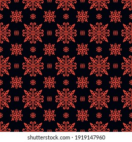 Christmas drawing with snowflakes. The Nordic style. Folk print with flakes. Scandinavian, Portuguese ornament. Spanish porcelain. Oriental damask. Ethnic motif. Ikat geometric folklore background. 