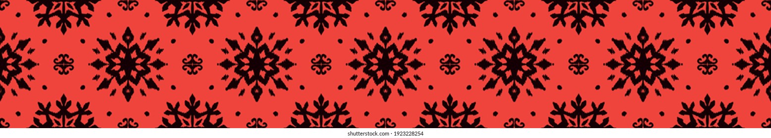 Christmas drawing with snowflakes. The Nordic style. Folk print with flakes. Scandinavian, Portuguese ornament. Spanish porcelain. Oriental damask. Ethnic motif. Ikat geometric folklore background. 