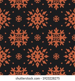 Christmas drawing with snowflakes. The Nordic style. Folk print with flakes. Scandinavian, Portuguese ornament. Spanish porcelain. Oriental damask. Ethnic motif. Ikat geometric folklore background. 