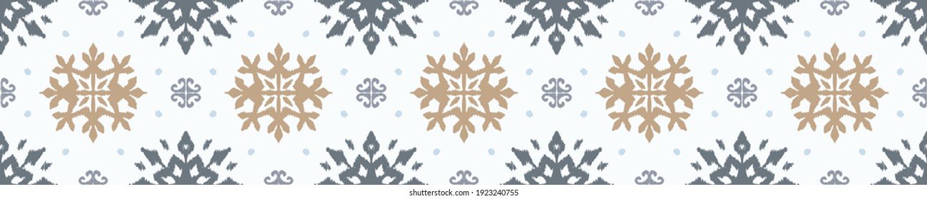 Christmas drawing with snowflakes. The Nordic style. Folk print with flakes. Scandinavian, Portuguese ornament. Spanish porcelain. Oriental damask. Ethnic motif. Ikat geometric folklore background. 
