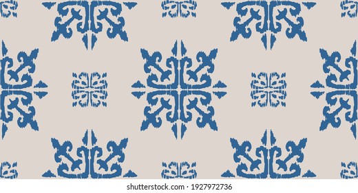 Christmas drawing with snowflakes. The Nordic style. Folk print with flakes. Scandinavian, Portuguese ornament. Spanish porcelain. Oriental damask. Ethnic motif. Ikat geometric folklore background. 