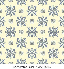 Christmas drawing with snowflakes. The Nordic style. Folk print with flakes. Scandinavian, Portuguese ornament. Spanish porcelain. Oriental damask. Ethnic motif. Ikat geometric folklore background. 