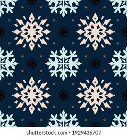 Christmas drawing with snowflakes. The Nordic style. Folk print with flakes. Scandinavian, Portuguese ornament. Spanish porcelain. Oriental damask. Ethnic motif. Ikat geometric folklore background. 