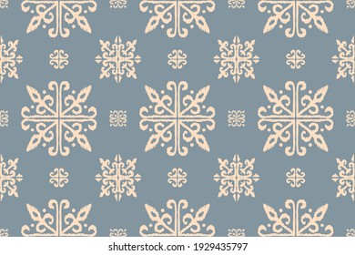 Christmas drawing with snowflakes. The Nordic style. Folk print with flakes. Scandinavian, Portuguese ornament. Spanish porcelain. Oriental damask. Ethnic motif. Ikat geometric folklore background. 