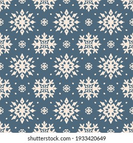 Christmas drawing with snowflakes. The Nordic style. Folk print with flakes. Scandinavian, Portuguese ornament. Spanish porcelain. Oriental damask. Ethnic motif. Ikat geometric folklore background. 