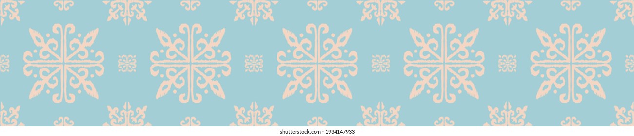 Christmas drawing with snowflakes. The Nordic style. Folk print with flakes. Scandinavian, Portuguese ornament. Spanish porcelain. Oriental damask. Ethnic motif. Ikat geometric folklore background. 