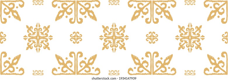 Christmas drawing with snowflakes. The Nordic style. Folk print with flakes. Scandinavian, Portuguese ornament. Spanish porcelain. Oriental damask. Ethnic motif. Ikat geometric folklore background. 