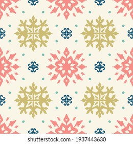 Christmas drawing with snowflakes. The Nordic style. Folk print with flakes. Scandinavian, Portuguese ornament. Spanish porcelain. Oriental damask. Ethnic motif. Ikat geometric folklore background. 