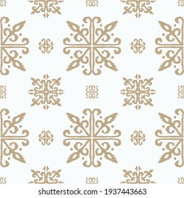 Christmas drawing with snowflakes. The Nordic style. Folk print with flakes. Scandinavian, Portuguese ornament. Spanish porcelain. Oriental damask. Ethnic motif. Ikat geometric folklore background. 