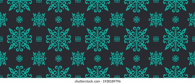 Christmas drawing with snowflakes. The Nordic style. Folk print with flakes. Scandinavian, Portuguese ornament. Spanish porcelain. Oriental damask. Ethnic motif. Ikat geometric folklore background. 