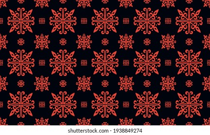 Christmas drawing with snowflakes. The Nordic style. Folk print with flakes. Scandinavian, Portuguese ornament. Spanish porcelain. Oriental damask. Ethnic motif. Ikat geometric folklore background. 