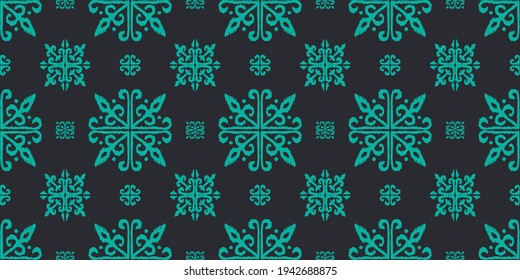 Christmas drawing with snowflakes. The Nordic style. Folk print with flakes. Scandinavian, Portuguese ornament. Spanish porcelain. Oriental damask. Ethnic motif. Ikat geometric folklore background. 