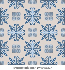 Christmas drawing with snowflakes. The Nordic style. Folk print with flakes. Scandinavian, Portuguese ornament. Spanish porcelain. Oriental damask. Ethnic motif. Ikat geometric folklore background. 