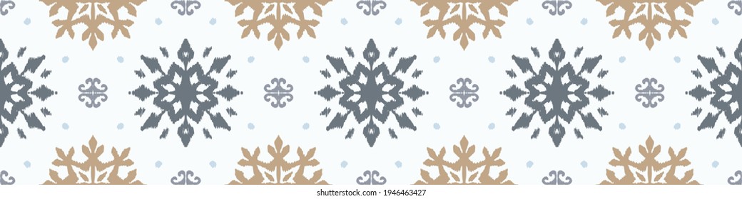 Christmas drawing with snowflakes. The Nordic style. Folk print with flakes. Scandinavian, Portuguese ornament. Spanish porcelain. Oriental damask. Ethnic motif. Ikat geometric folklore background. 