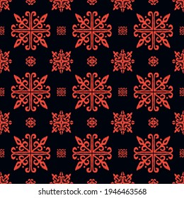 Christmas drawing with snowflakes. The Nordic style. Folk print with flakes. Scandinavian, Portuguese ornament. Spanish porcelain. Oriental damask. Ethnic motif. Ikat geometric folklore background. 