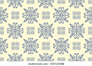 Christmas drawing with snowflakes. The Nordic style. Folk print with flakes. Scandinavian, Portuguese ornament. Spanish porcelain. Oriental damask. Ethnic motif. Ikat geometric folklore background. 