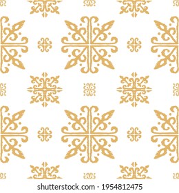 Christmas drawing with snowflakes. The Nordic style. Folk print with flakes. Scandinavian, Portuguese ornament. Spanish porcelain. Oriental damask. Ethnic motif. Ikat geometric folklore background. 