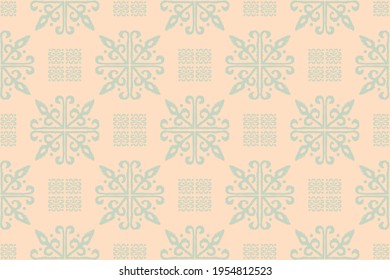 Christmas drawing with snowflakes. The Nordic style. Folk print with flakes. Scandinavian, Portuguese ornament. Spanish porcelain. Oriental damask. Ethnic motif. Ikat geometric folklore background. 
