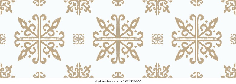 Christmas drawing with snowflakes. The Nordic style. Folk print with flakes. Scandinavian, Portuguese ornament. Spanish porcelain. Oriental damask. Ethnic motif. Ikat geometric folklore background. 