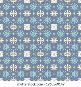 Christmas drawing with snowflakes. The Nordic style. Folk print with flakes. Scandinavian, Portuguese ornament. Spanish porcelain. Oriental damask. Ethnic motif. Ikat geometric folklore background. 