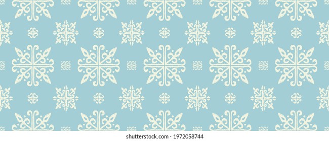 Christmas drawing with snowflakes. The Nordic style. Folk print with flakes. Scandinavian, Portuguese ornament. Spanish porcelain. Oriental damask. Ethnic motif. Ikat geometric folklore background. 