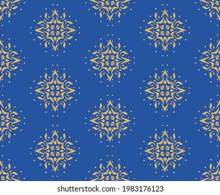 Christmas drawing with snowflakes. The Nordic style. Folk print with flakes. Scandinavian, Portuguese ornament. Spanish porcelain. Oriental damask. Ethnic motif. Ikat geometric folklore background. 