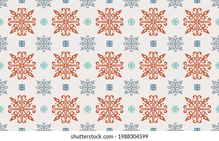 Christmas drawing with snowflakes. The Nordic style. Folk print with flakes. Scandinavian, Portuguese ornament. Spanish porcelain. Oriental damask. Ethnic motif. Ikat geometric folklore background. 