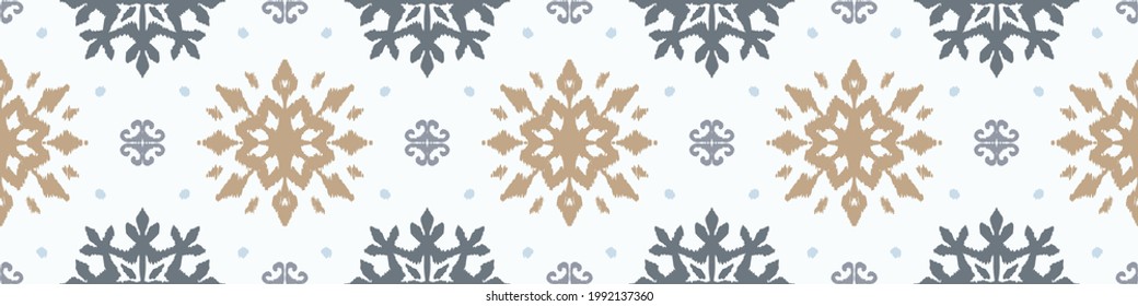 Christmas drawing with snowflakes. The Nordic style. Folk print with flakes. Scandinavian, Portuguese ornament. Spanish porcelain. Oriental damask. Ethnic motif. Ikat geometric folklore background. 