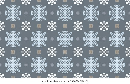 Christmas drawing with snowflakes. The Nordic style. Folk print with flakes. Scandinavian, Portuguese ornament. Spanish porcelain. Oriental damask. Ethnic motif. Ikat geometric folklore background. 