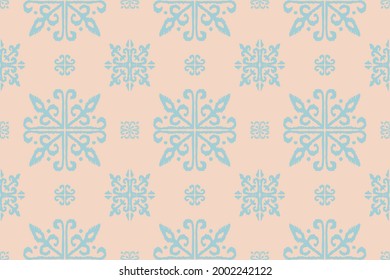Christmas drawing with snowflakes. The Nordic style. Folk print with flakes. Scandinavian, Portuguese ornament. Spanish porcelain. Oriental damask. Ethnic motif. Ikat geometric folklore background. 