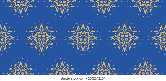 Christmas drawing with snowflakes. The Nordic style. Folk print with flakes. Scandinavian, Portuguese ornament. Spanish porcelain. Oriental damask. Ethnic motif. Ikat geometric folklore background. 