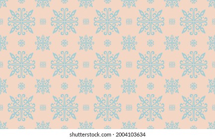 Christmas drawing with snowflakes. The Nordic style. Folk print with flakes. Scandinavian, Portuguese ornament. Spanish porcelain. Oriental damask. Ethnic motif. Ikat geometric folklore background. 