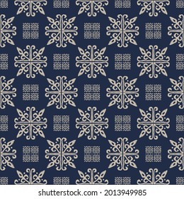 Christmas drawing with snowflakes. The Nordic style. Folk print with flakes. Scandinavian, Portuguese ornament. Spanish porcelain. Oriental damask. Ethnic motif. Ikat geometric folklore background. 