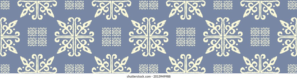 Christmas drawing with snowflakes. The Nordic style. Folk print with flakes. Scandinavian, Portuguese ornament. Spanish porcelain. Oriental damask. Ethnic motif. Ikat geometric folklore background. 