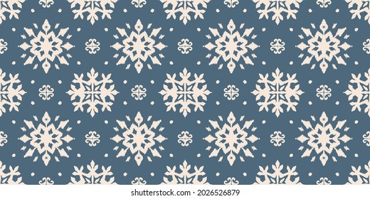 Christmas drawing with snowflakes. The Nordic style. Folk print with flakes. Scandinavian, Portuguese ornament. Spanish porcelain. Oriental damask. Ethnic motif. Ikat geometric folklore background. 