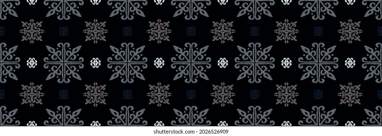 Christmas drawing with snowflakes. The Nordic style. Folk print with flakes. Scandinavian, Portuguese ornament. Spanish porcelain. Oriental damask. Ethnic motif. Ikat geometric folklore background. 