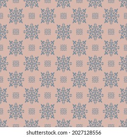 Christmas drawing with snowflakes. The Nordic style. Folk print with flakes. Scandinavian, Portuguese ornament. Spanish porcelain. Oriental damask. Ethnic motif. Ikat geometric folklore background. 
