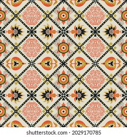 Christmas drawing with snowflakes. The Nordic style. Folk print with flakes. Scandinavian, Portuguese ornament. Spanish porcelain. Oriental damask. Ethnic motif. Ikat geometric folklore background.