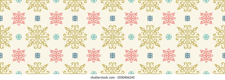 Christmas drawing with snowflakes. The Nordic style. Folk print with flakes. Scandinavian, Portuguese ornament. Spanish porcelain. Oriental damask. Ethnic motif. Ikat geometric folklore background. 